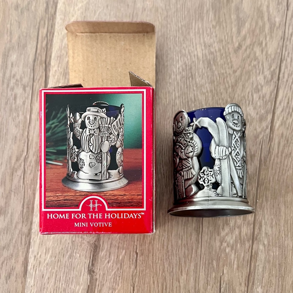 NIB Home‎ For The Holidays Mini Votive Candle Holder Pewter Blue Glass Snow Man